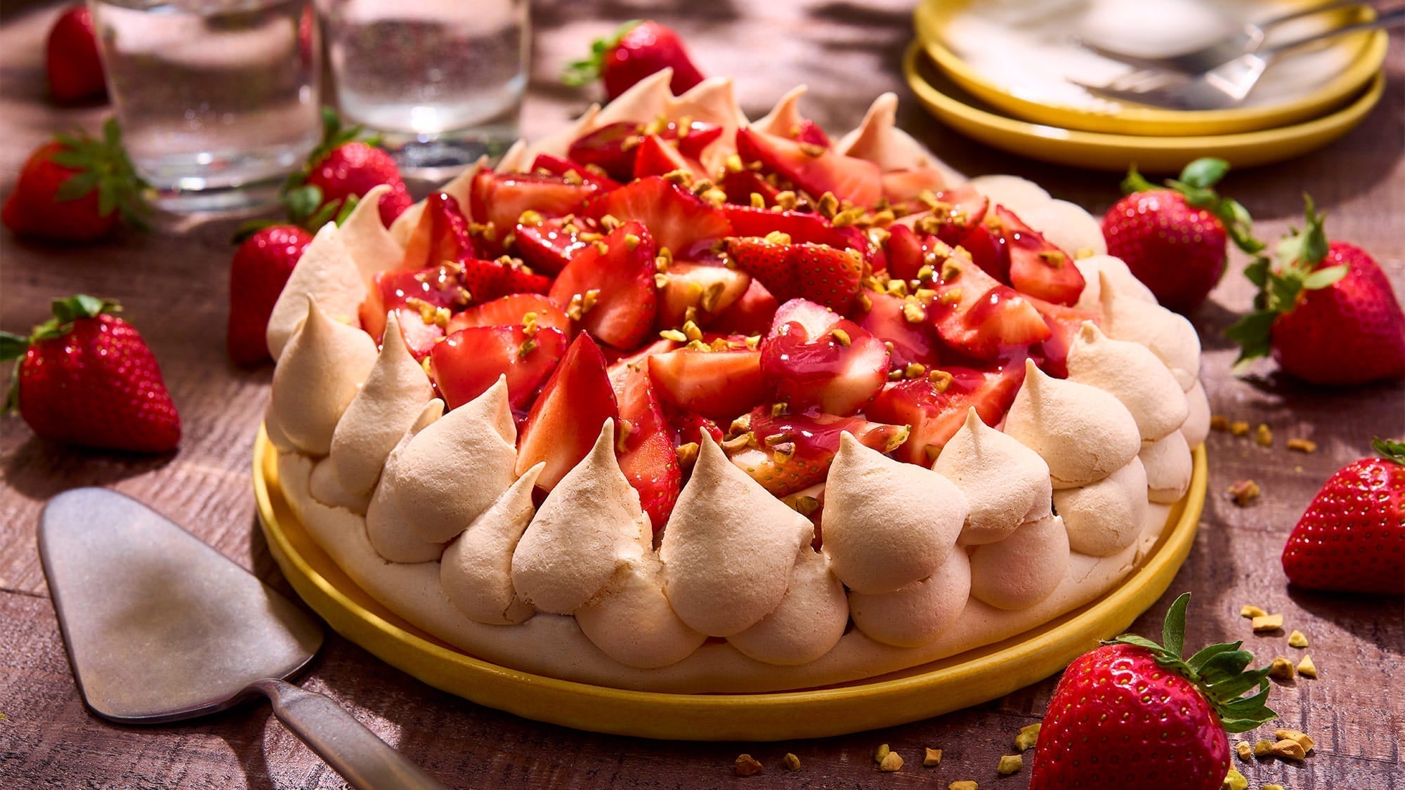 Pavlova aux fraises et aux éclats de pistache torréfiés