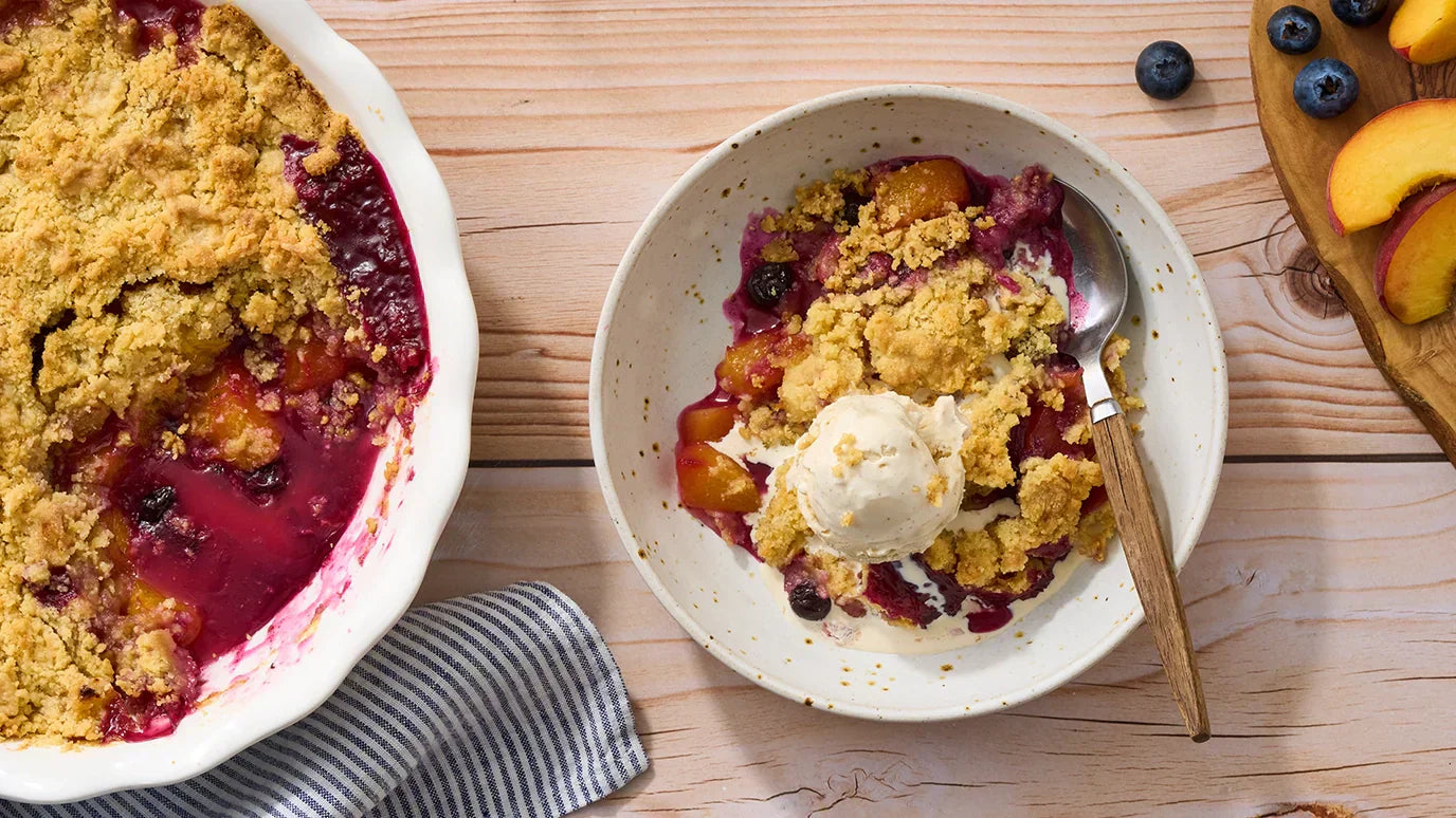 Crumble pêche et myrtille