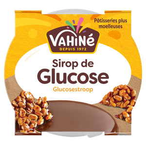 Un produit Vahiné Sirop de Glucose, faisant partie de Sgk Uploads, affiché sur son étiquette avec un sirop brun riche et du nougat aux cacahuètes, promouvant 'Pâtisseries plus moelleuses' pour des pâtisseries plus moelleuses.