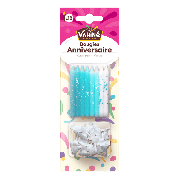 Un paquet de bougies d'anniversaire de la marque Vikki en bleu et blanc avec des supports.