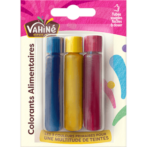 Un paquet de colorants alimentaires Vahiné en bleu, jaune et rouge.