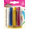 Un paquet de colorants alimentaires Vahiné en bleu, jaune et rouge.