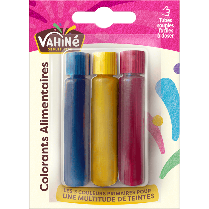 Un paquet de colorants alimentaires Vahiné en bleu, jaune et rouge.