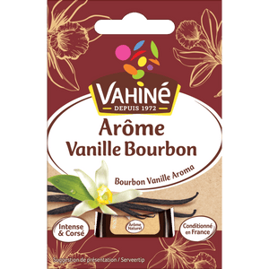 Emballage d'Arôme Vanille Bourbon Vahiné avec des gousses de vanille et une fleur.