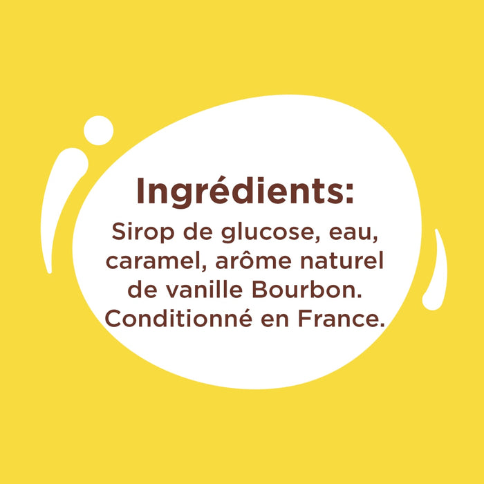 Liste des ingrédients d'un produit contenant du sirop de glucose, de l'eau, du caramel et un arôme naturel de vanille Bourbon, conditionné en France.