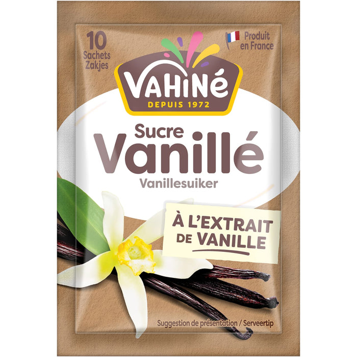 Un sachet de sucre vanillé de la marque Vahiné, avec des gousses de vanille et une fleur.