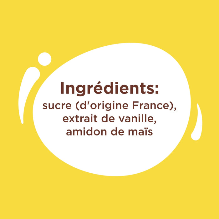 L'image montre la liste des ingrACdients d'un produit, incluant du sucre d'origine France, de l'extrait de vanille et de l'amidon de maA?s.