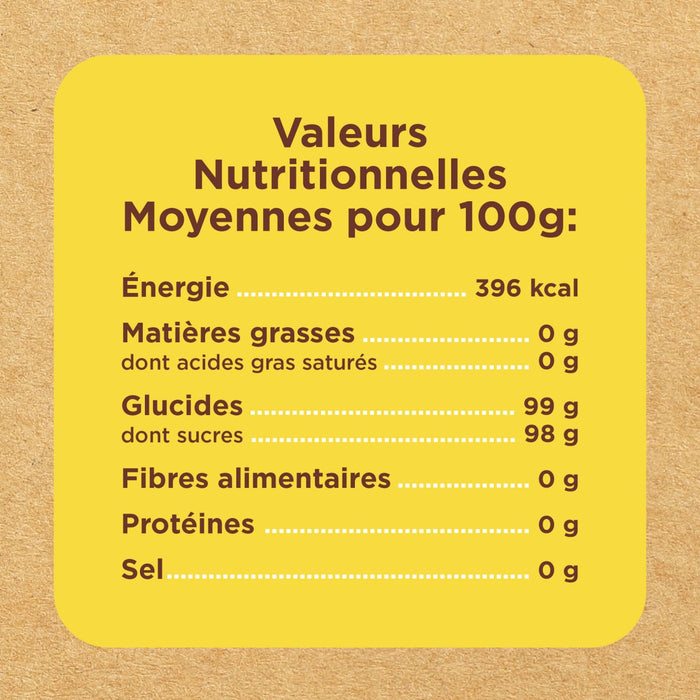 Informations nutritionnelles pour une portion de 100g indiquant la teneur en énergie, matières grasses, glucides, fibres, protéines et sel.