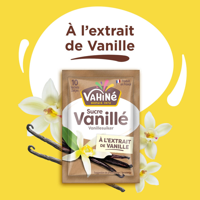 L'emballage du sucre vanillé Vahiné est présenté avec des gousses et des fleurs de vanille, soulignant son extrait naturel de vanille.