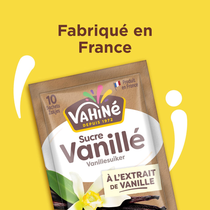 Un sachet de sucre vanillé de la marque Vahiné, indiquant qu'il est fabriqué en France.