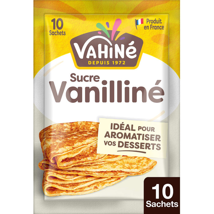 Un paquet de Vahiné Sucre Vanilliné, un produit de sucre aromatisé à la vanille, est présenté avec une image de crêpes.