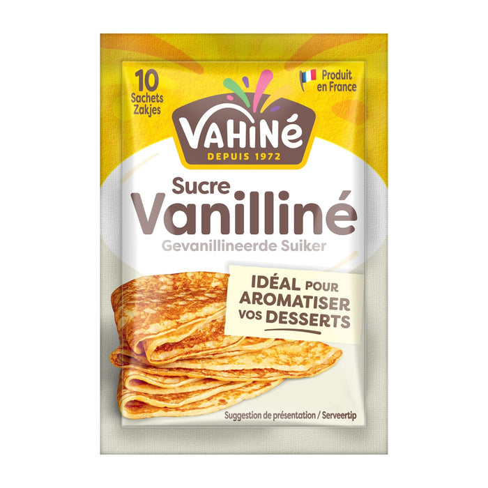 Un paquet de VahinAC Sucre VanillinAC, un produit de sucre vanillAC, est prACsentAC avec une image de crAapes.