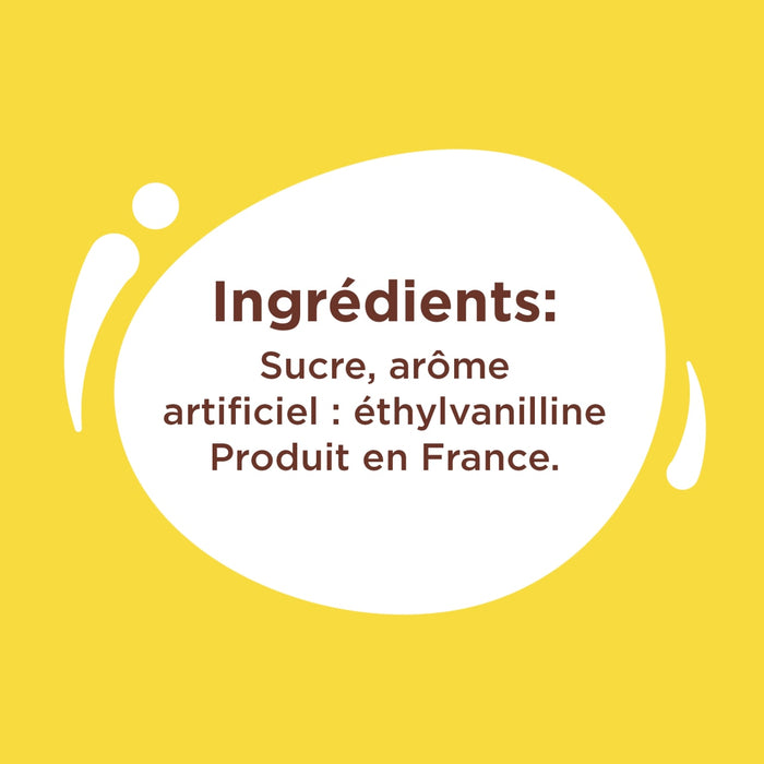 L'image affiche une liste d'ingrédients: sucre, arôme et éthylvanilline.