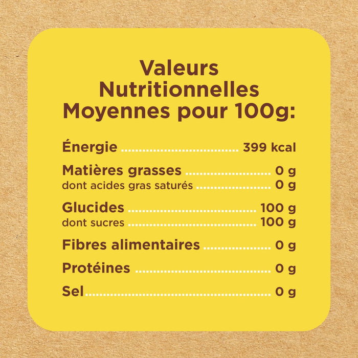 Informations nutritionnelles pour une portion de 100g indiquant 389 kcal d'énergie, 0g de matières grasses, 100g de glucides, 0g de fibres, 0g de protéines et 0g de sel.