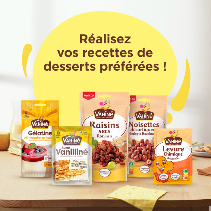 Un assortiment d'ingrACdients pour desserts VahinAC est prACsentAC avec le texte RACalisez vos recettes de desserts prACfACrACes !