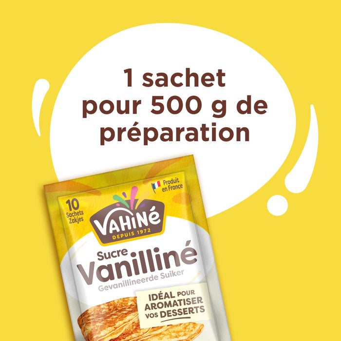 Un sachet de Sucre VanillinAC VahinAC est prACsentAC, indiquant qu'un sachet suffit pour 500 g de prACparation.
