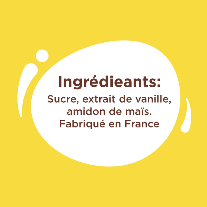 L'image montre la liste des ingrédients d'un produit fabriqué en France, notamment le sucre, l'extrait de vanille et l'amidon de maïs.