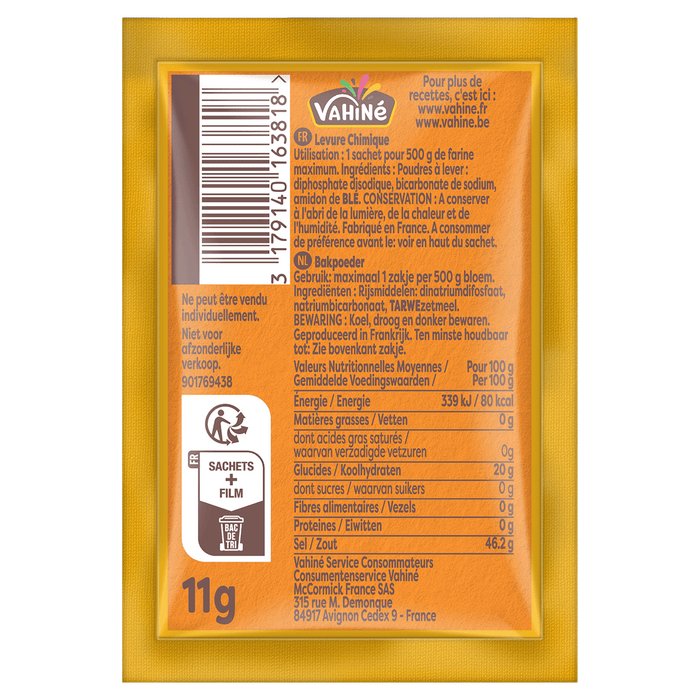 Le dos d'un sachet de Levure Chimique Vahiné, montrant les ingrédients, les informations nutritionnelles et le mode d'emploi en français et en néerlandais.