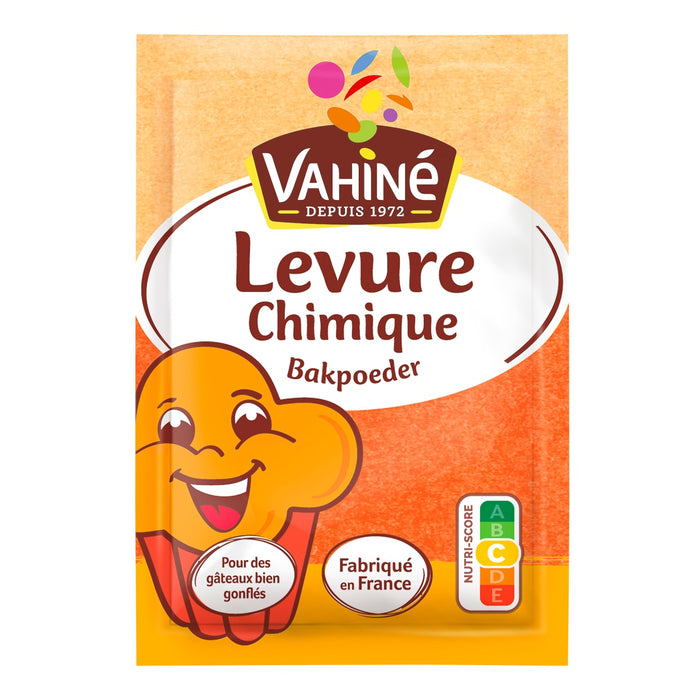 Sachet de levure chimique VahinAC avec un personnage de cupcake de dessin animAC sur le devant.