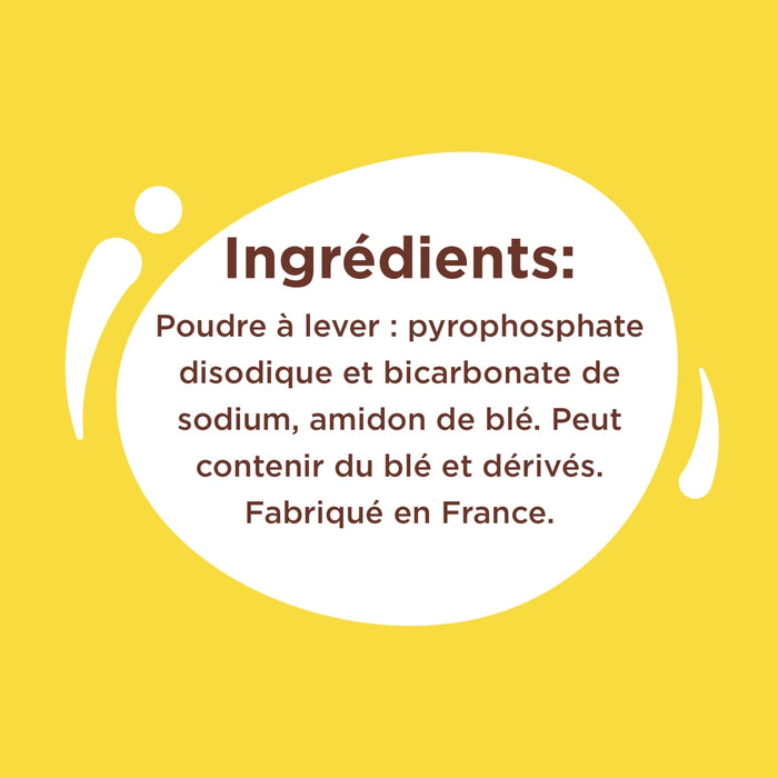L'image montre une liste d'ingrédients comprenant du diphosphate disodique, du bicarbonate de sodium et de l'amidon de blé.