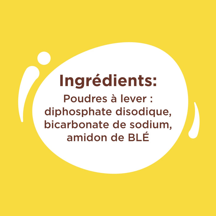 L'image montre une liste d'ingrédients comprenant du diphosphate disodique, du bicarbonate de sodium et de l'amidon de blé.