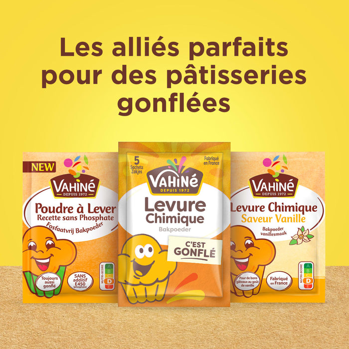 Les produits Vahiné, incluant la poudre à lever et la levure chimique, sont présentés avec le texte Les alliés parfaits pour des pâtisseries gonflées.