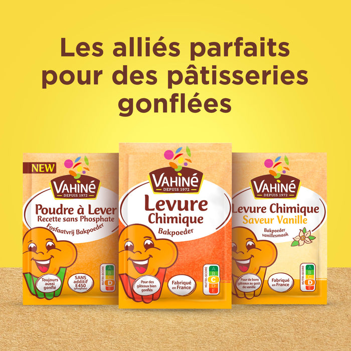 Les produits VahinAC, incluant la poudre A? lever et la levure chimique, sont prACsentACs avec le texte Les alliACs parfaits pour des pActisseries gonflACes.
