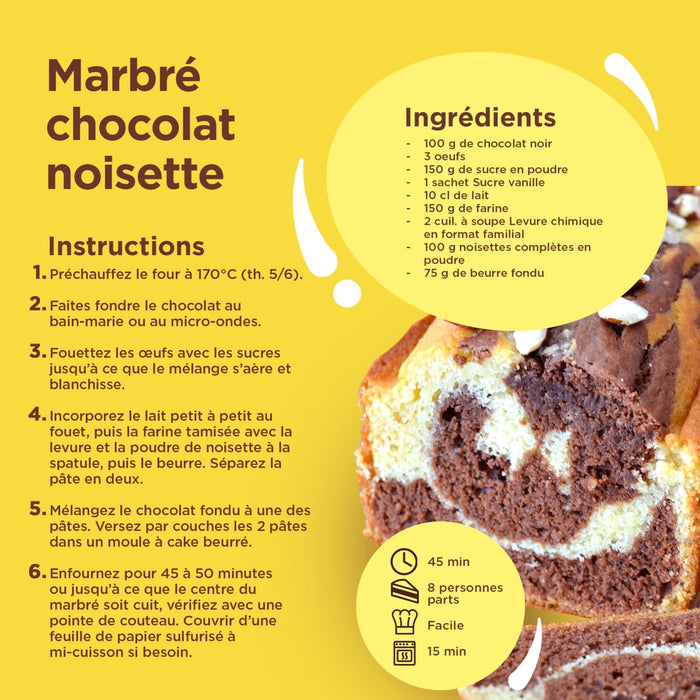Une fiche de recette pour un gActeau marbrAC chocolat noisette avec les ingrACdients et les instructions.