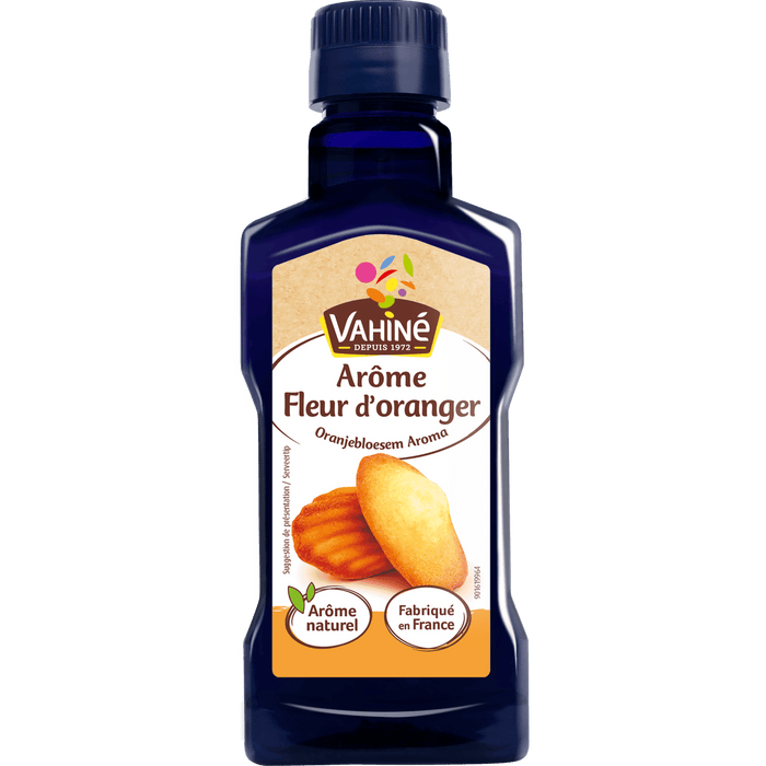 Une bouteille d'arôme de fleur d'oranger Vahiné est présentée.