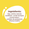 L'image présente une liste d'ingrédients comprenant de l'eau, un arôme naturel, de l'acide lactique, du sorbate de potassium et de l'éthanol (0,8%).