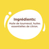 L'image énumère les ingrédients comme huile de tournesol et huiles essentielles de citron.