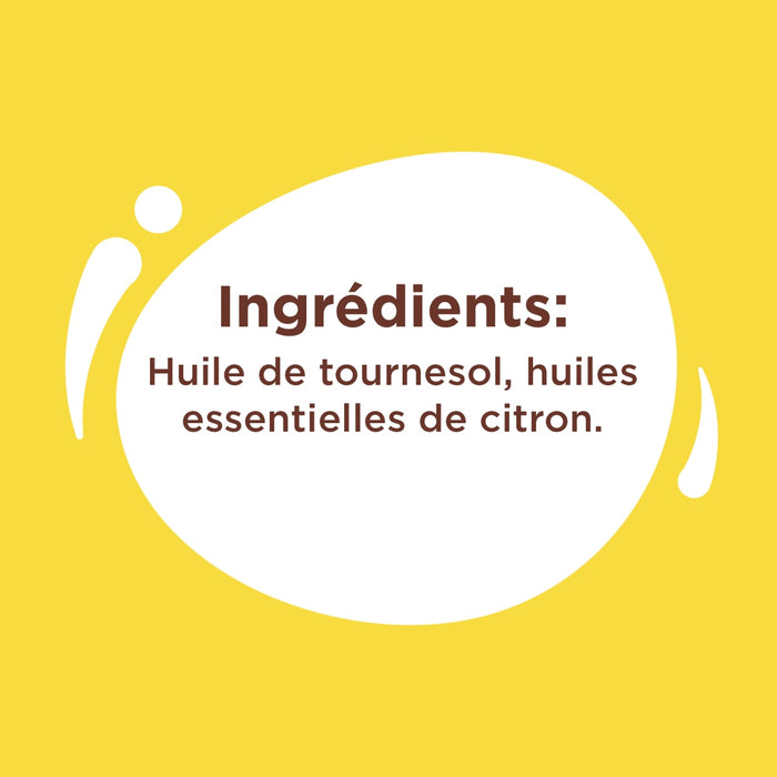 L'image énumère les ingrédients comme huile de tournesol et huiles essentielles de citron.
