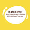 L'image affiche la liste des ingrédients: huile de tournesol et huiles essentielles d'orange.
