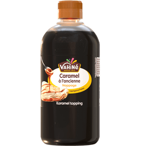 Une bouteille de nappage au caramel Natali est présentée, soulignant son utilisation comme garniture aromatisée.