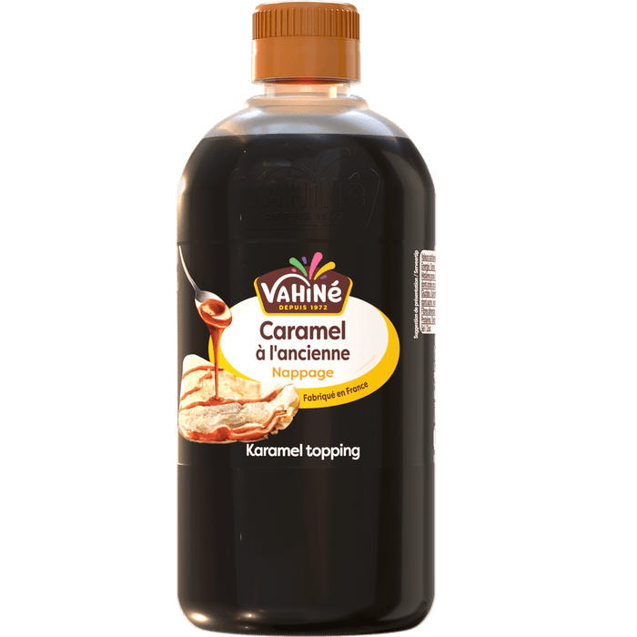 Une bouteille de nappage au caramel Natali est présentée, soulignant son utilisation comme garniture aromatisée.