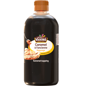 Une bouteille de nappage au caramel Natali est présentée, soulignant son utilisation comme garniture aromatisée.