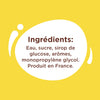 L'image montre la liste des ingrédients d'un produit, notamment eau, sucre, sirop de glucose, arôme et propylène glycol.