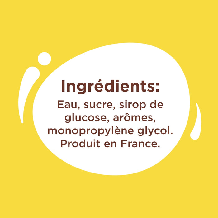 L'image montre la liste des ingrédients d'un produit, notamment eau, sucre, sirop de glucose, arôme et propylène glycol.