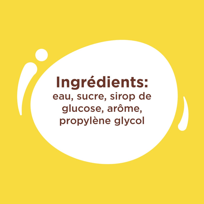 L'image montre la liste des ingrACdients d'un produit, notamment eau, sucre, sirop de glucose, arA?me et propylA?ne glycol.