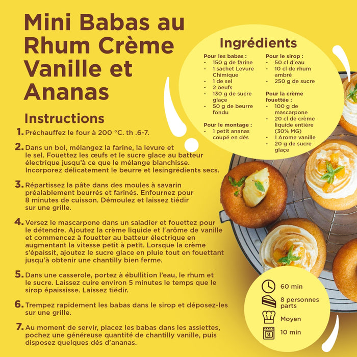 Cette image prACsente une recette de Mini Babas au Rhum CrA?me Vanille et Ananas, mettant en ACvidence les ingrACdients et les instructions pour rACaliser ce dessert.