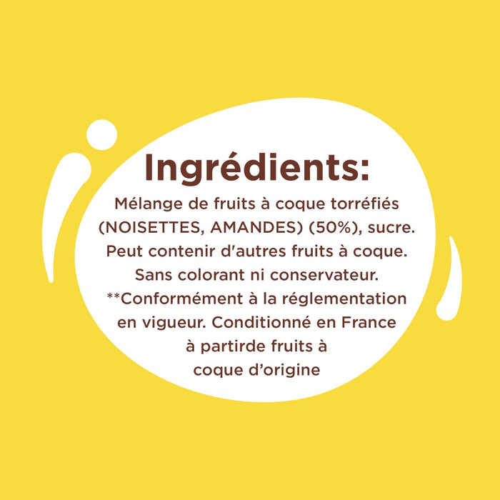 L'image affiche la liste des ingrédients d'un produit contenant un mélange de fruits à coque torréfiés, notamment des noisettes et des amandes, ainsi que du sucre, et indique qu'il peut contenir d'autres fruits à coque et qu'il est fabriqué en France avec des fruits d'origines diverses.