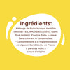 L'image affiche la liste des ingrédients d'un produit contenant un mélange de fruits à coque torréfiés, notamment des noisettes et des amandes, ainsi que du sucre, et indique qu'il peut contenir d'autres fruits à coque et qu'il est fabriqué en France avec des fruits d'origines diverses.