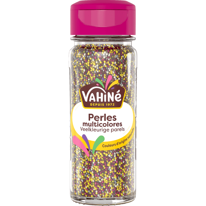 Un récipient de perles multicolores de la marque Vahiné.