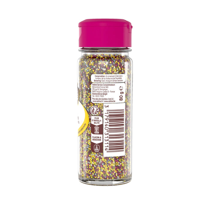 Une bouteille de vermicelles Dr. Oetker avec un couvercle rose montre l'emballage du produit et le code-barres.