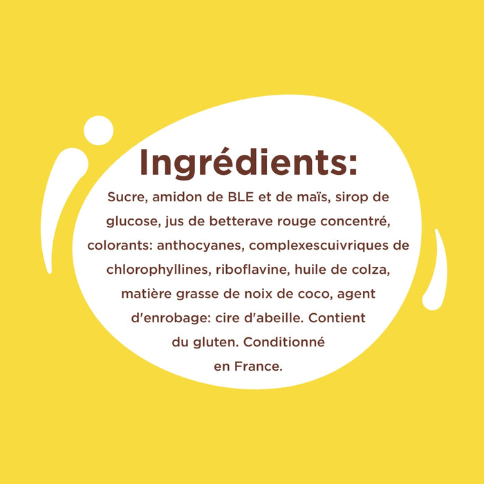 L'image affiche une liste d'ingrédients comprenant du sucre, du concentré de jus de betterave et de l'huile de tournesol.