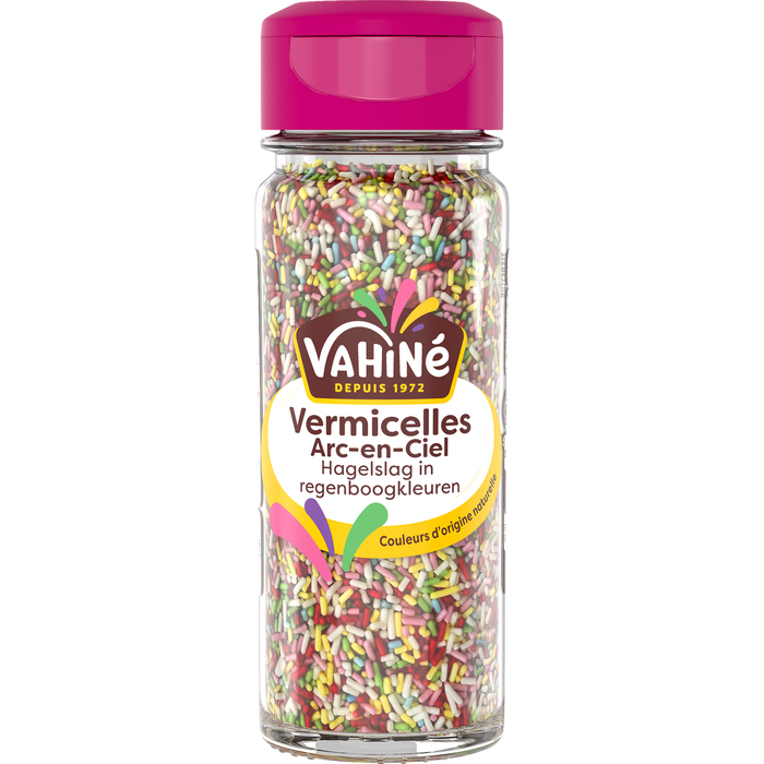 Un récipient de vermicelles Varina, une garniture colorée pour les desserts.