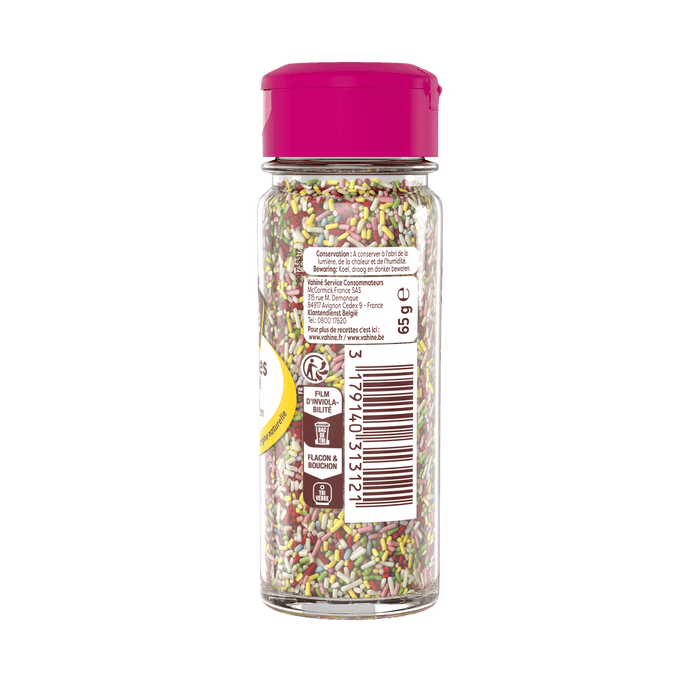 Une bouteille de vermicelles arc-en-ciel Dr. Oetker est prACsentACe avec ses informations nutritionnelles et son code-barres visibles sur l'ACtiquette.