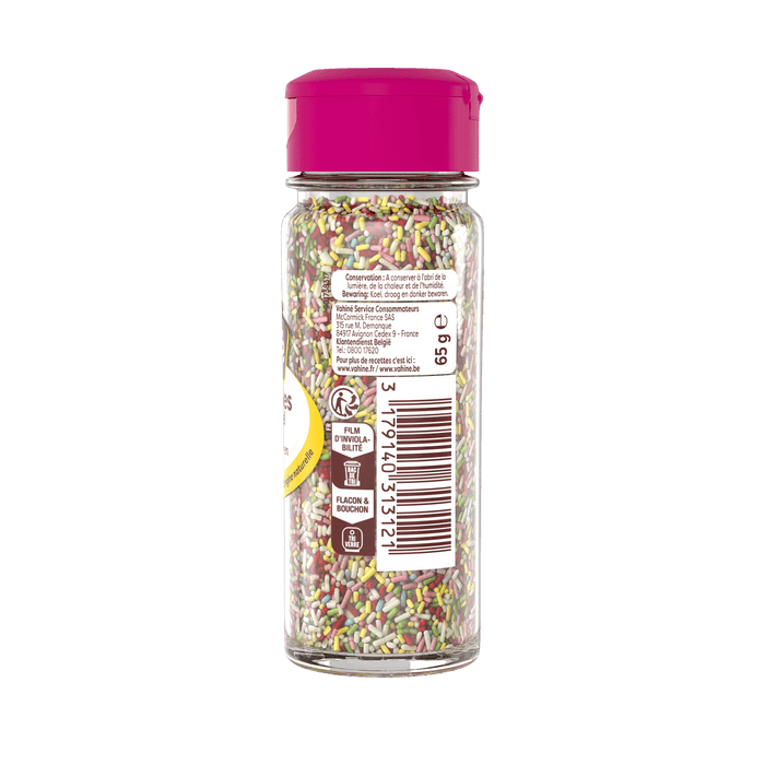 Une bouteille de vermicelles arc-en-ciel Dr. Oetker est prACsentACe avec ses informations nutritionnelles et son code-barres visibles sur l'ACtiquette.