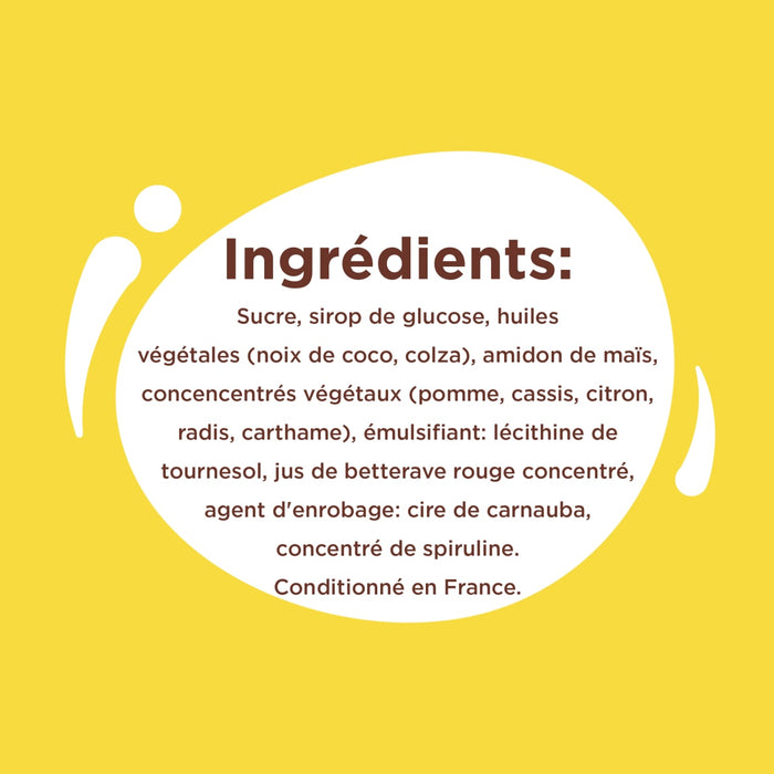 L'image présente une liste d'ingrédients comprenant du sucre, du sirop de glucose, des matières grasses végétales et du concentré de spiruline.