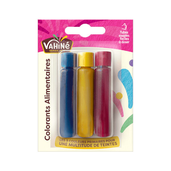Un paquet de colorants alimentaires VahinAC en bleu, jaune et rouge.